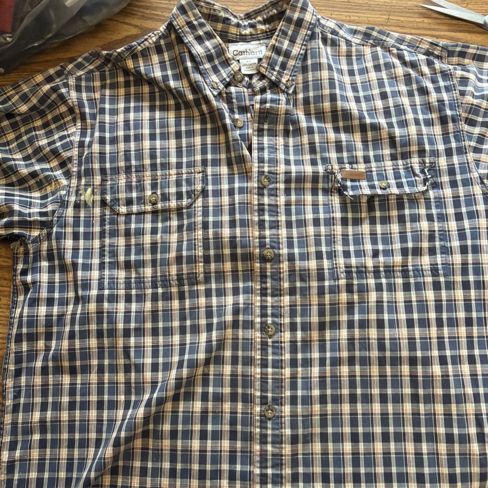 Carhartt Mens Plaid Short Sleeve Button Down Shirt Relaxed Fit XL Navy Tan